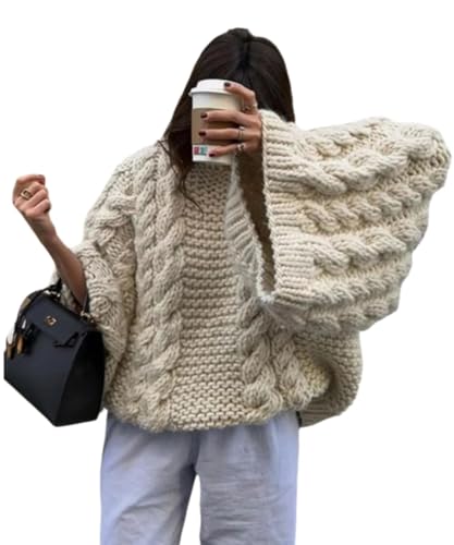 Women's Casual Oversized Sweaters Y2K Chunky Knit Pullover Tops Loose Sleeves Crew Neck Cable Knitted Sweater Tops