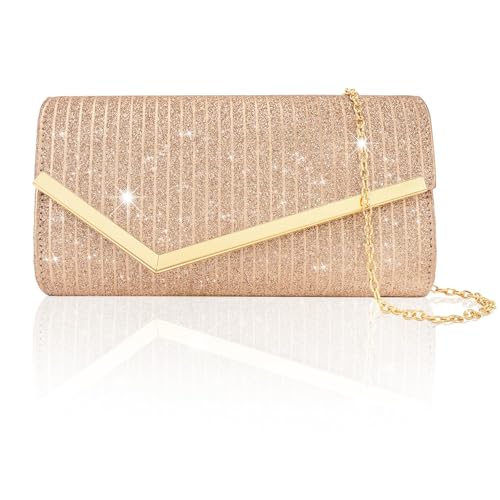 Larcenciel Clutch Purse for Women, Rose Gold Glitter Evening Handbag with Metal Accents 2 Removable Chain Straps, Elegant Envelope Clutch Bag for Prom Party Wedding Cocktail Formal Events Nights Out