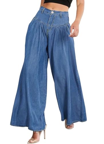chouyatou Women's Boyfriend Flare Wide Leg Denim Pants Baggy High Waist Pleated Ruffle Culotte Jeans