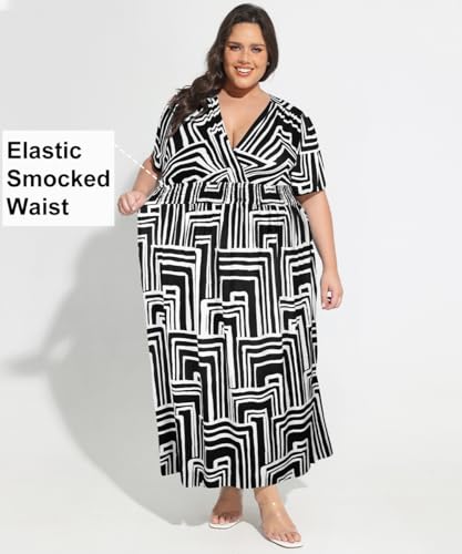 Image of CARCOS Plus Size Dresses for Curvy Women V Neck Summer Maxi Dress Short Sleeve Floral Boho Dress Smocked Waist Beach Dress