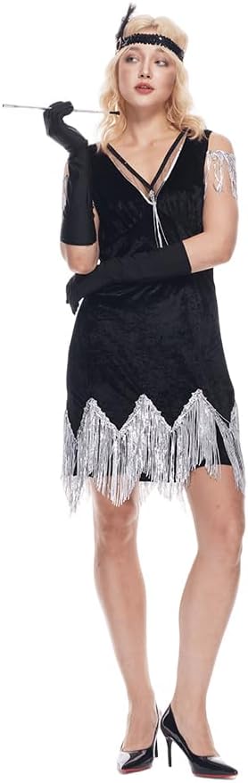 EraSpooky Women's 1920s Lavish Flapper Costume Vintage Adult Fringed Dress with Feather Headband,Gloves
