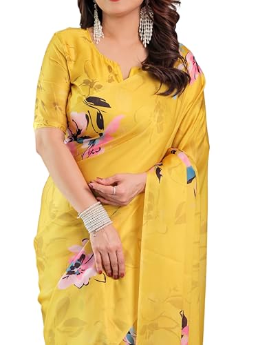 Image of ALMAARI FASHION Women's Floral Printed Georgette Satin Saree with Unstitched Blouse Piece | Traditional Ethnic Wear Sarees | Soft Lightweight Ethnic Office Wear Daily Wear Indian Sari (SG 111-120 H)