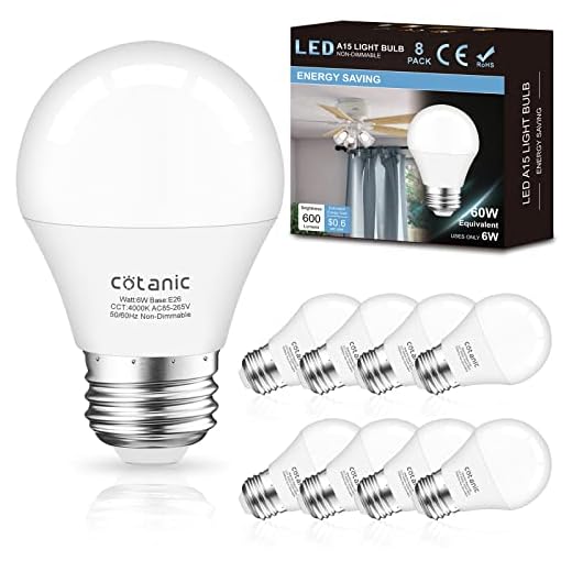 Cotanic 8 Pack A15 LED Ceiling Fan Light Bulbs 4000K Natural Daylight, 6W Small Light Bulb for Chandelier 60W Equivalent, E26 Standrad Base, 600lm, CRI 80+, Non-Dimmable