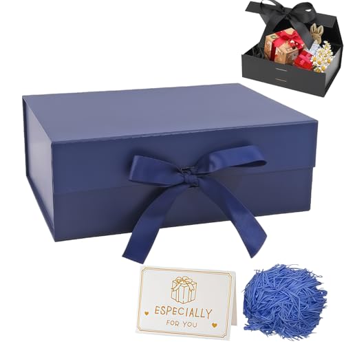 Dark Blue Gift Box with Lids 22x16x8.8 cm,Magnetic Gift Box Luxury Present Box with Ribbon Greeting Card Shredded Paper for Holidays Wedding Birthday Gift Packaging Party Gift Boxes