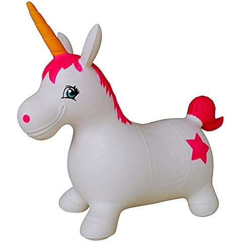 AppleRound Unicorn Bouncer with Hand Pump, Inflatable Space Hopper, Ride-on Bouncy Animal for Children (White) Cover