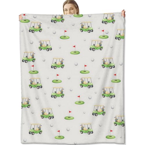 cromcu Golf Blanket for Golf Lovers and Players Cute Cart and Green Flannel Blankets Sport Theme Gifts Beige Soft Warm Cozy Throws for Sofa Couch Bed Living Room Bedroom Home Decor 60 x 50