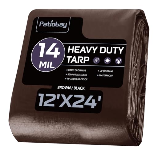 Patiobay Tarp 12x24FT 14 Mil Large Tarps Heavy Duty Waterproof with Grommets Every 23.6 420D Thick Plastic Tarp UV Resistant Tear&Fade Resistant Reinforced Edges for Outdoor Pool Camp Tent