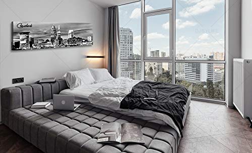 Image of Cleveland Skyline Decor Wall Art,Black and White Canvas Prints 13.8 inchx47.3 inch | Night View USA Cityscape Panoramic Painting for Bedroom Office Framed and Ready to Hang