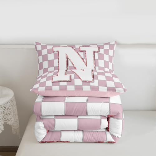 Image of Erosebridal Pink Initial N Kids Comforter Sets Kawaii Plaid Checkered Queen Bedding Set for Girls Teen Women Cute Personalized Monogram Comforter Set,Fashion Grids Gingham Quilt Duvet 3 Pcs