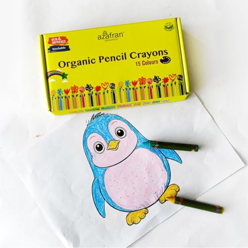 Image of Azafran Organics - 15 Non-Toxic Plant-Based Pencil Crayons (15 COLOURS) - New Pack, For Pre School Kids, Hypoallergenic, No Mineral Oils Or Harmful Chemicals, Multi-coloured