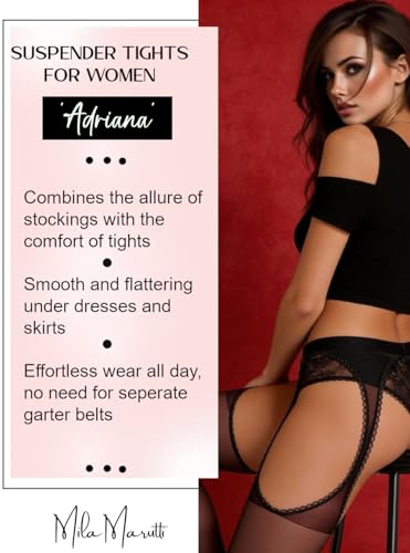 Image of Mila Marutti Black Suspender Stockings for Women | Sheer Sexy Garter Pantyhose | Thigh High Tights Lingerie - Black, L
