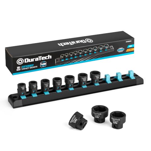 Image of DURATECH 10-Piece 3 /8 inch Drive Stubby Impact Socket Set for Narrow Spaces | 10mm-19mm, Metric, Cr-Mo Steel, Size Markings, for Tight Spaces, Organized in Magnetic Storage Rail, for Automotive Repairs