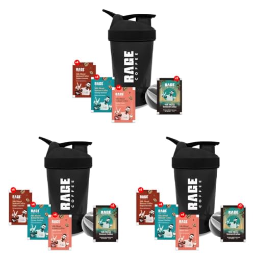 Image of Rage Coffee - Silk Blend Assorted Sachets, Pack of 45 (3 Classic, 4 Creamy Hazelnut, 4 Vanilla Velvet & 4 Belgian Chocolate) |+ Free Multi-purpose Shaker | Perfect for Gym, Protein Shakes & Coffee