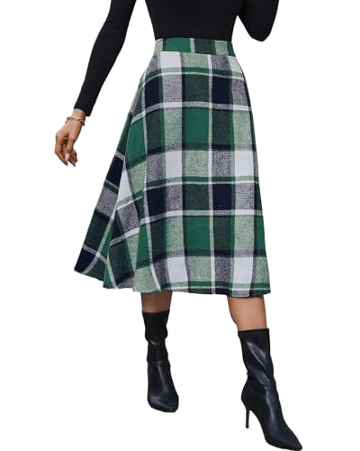 Pemieer Plaid Skirts for Women High Waist Wool Skirts A-Line Tartan Midi Skirts