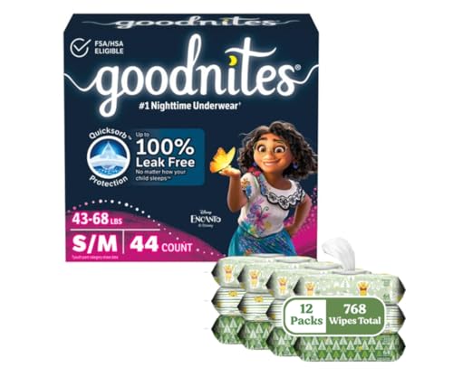 Goodnites and Wipes Bundle: Goodnites Underwear for Girls, Small/Medium, 44ct & Huggies Natural Care Sensitive Wipes, Unscented, 12 Flip-Top Packs (768 Wipes Total) (Packaging May Vary)