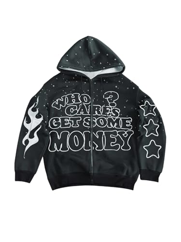 GORGLITTER Men's Oversized Letter Graphic Hoodie Long Sleeve Zip Up Drawstring Sweatshirt