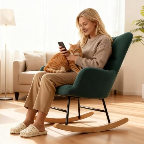 DUMOS Rocking Chair with Wing Backrest, Teddy Comfy Upholstered Indoor Reading Glider Chair with Comfy Seat for Bedroom, Living Room, Office, Forest Green by DUMOS - Image 3