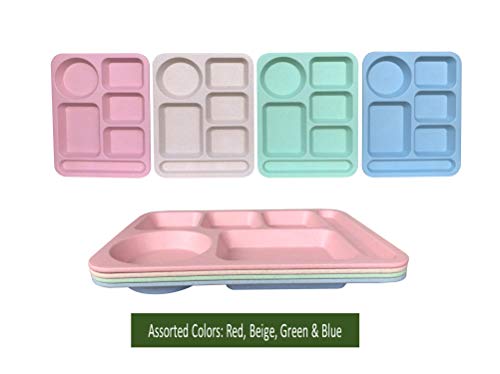 Euodia Wheat Straw Divided Plates For Adults - School Lunch Tray For Kids And Toddlers, Lunch Trays For Cafeteria With Compartments, Size 14” X 10”, Assorted Colors (Set Of 4) #TOP1