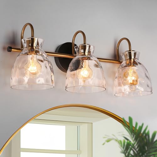 Image of KSANA Modern Bathroom Light Fixtures, Vintage 3 Light Vanity Lights Over Mirror Black and Electroplated Brass Bathroom Vanity Light with Water Ripple Glass, 23 inch W
