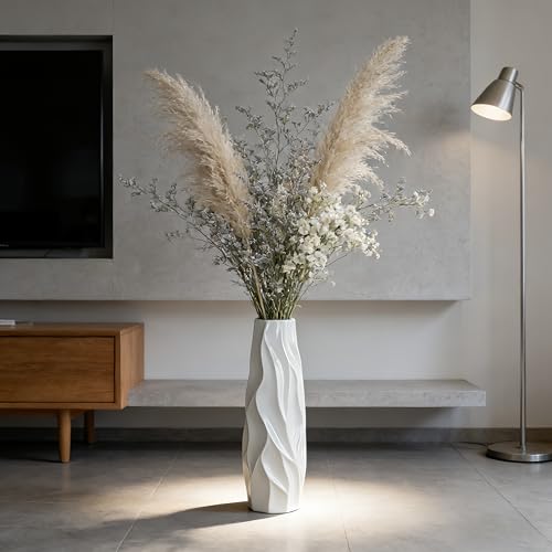 White Tall Ceramic Floor Vase, 15.7 Inch, Pleated Wave Design - Image 4
