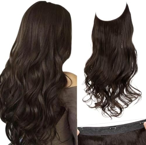 SARLA Dark Brown Invisible Wire Hair Extensions with 3 Clips Long Synthetic Wavy Curly Hairpiece Adjustable Transparent Headband for Women 18 Inch