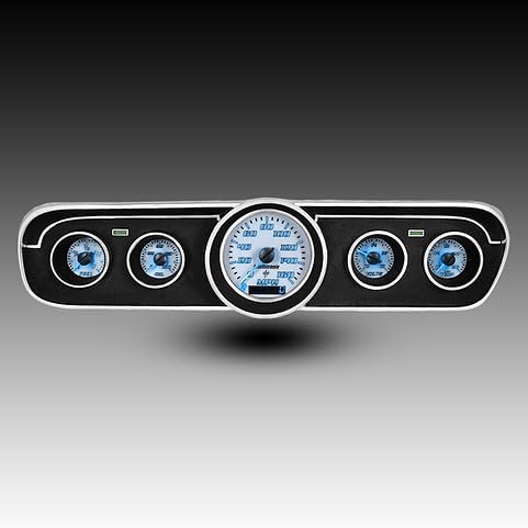 1965-1966 Ford Mustang Analog Gauge Cluster Replacement, White Faceplate, GPS Speed, Water & Oil Press Sending Units Included (Teal)