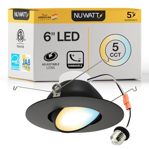NUWATT 6 Inch Recessed Gimbal Downlight Dimmable 16.5 Watts 1200 Lumens 120V 5CCT: 27K/30K/35K/40K/50K CRI >90 ETL Listed Black Finish