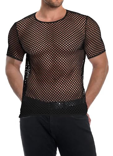 Men's Mesh Fishnet Top Short Sleeve Sheer See Through T Shirt Fitted Muscle Blouse Clubwear3