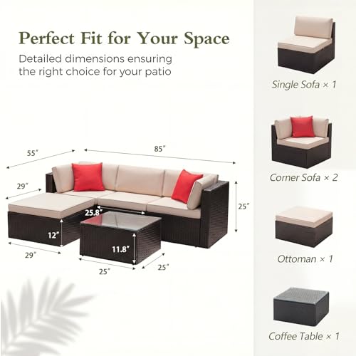 Devoko 5 Pieces Patio Furniture Sets All Weather Outdoor Sectional Patio Sofa Manual Weaving Wicker Rattan Patio Seating Sofas with Cushion and Glass Table (Beige) - Image 3