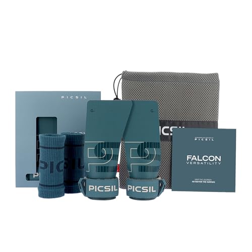 PICSIL Calleras Falcon + Muñequeras + Bolsa, Fibra de Carbono, Uso con Magnesio, Agarre en Todas Superficies y Tipo de Barras, Diseñadas Para Todos los Atletas, Aqua G+ (Mediana y Grande)