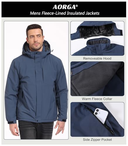 Image of Mens Skiing Jackets Winter Waterproof Snow Jackets Fleece Lined Insulated Heavy Parka Jackets Coats with Hoode