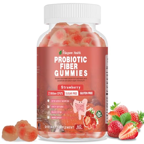 Vikaywoo Probiotic Fiber Gummies for Adults No Sugar Added Strawberry Flavor 120 Billion CFUs Vitamin C Vitamin DDigestive Health & Regularity Support(60 Count)