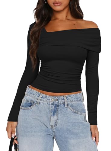 Darong Women's One Off Shoulder Long Sleeve Tops Ruched Going Out Crop Shirts Slim Fit Y2K Tee Blouse3