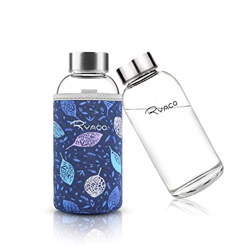 Ryaco Botella de Agua Cristal 360ml  de Reutilizable 12 oz  Sin BPA Antideslizante Protección