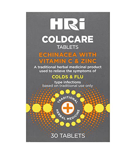 HRI Coldcare Immune System Booster - Advanced 3-in-1 Cold and Flu Tablets. Therapeutic Dose of Echinacea 100% RDA Vitamin C Zinc. to Relieve the Symptoms of Colds & Flu Type Infections. 30 Tablets