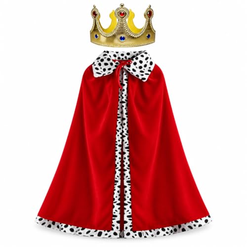 PcvGef Verkleidungskiste, König Kostüm Mit Rotem Umhang Und Goldener Krone, Mittelalterliches Verkleidungsset Für Halloween, Karneval, Theateraufführungen, 90cm Umhang, 55cm Krone