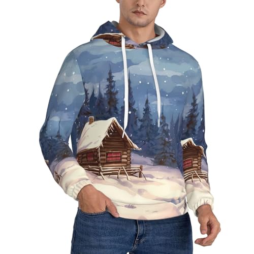 Men's Fleece Pullover Hoodie Long Sleeve Hooded Cabin in the woods Sweatshirt Casual Shirts With Pockets Small Black