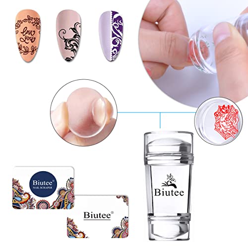 Biutee Nagelstempel 15stück Blumen Nagel Schablone, Geometry Lines Theme Stamping Set Nail Art Plate mit 1 Stempel 2 Schaber, French Nails Stempel Nagel Designing Zubehör