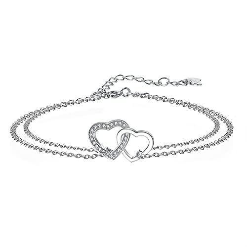 Arrebol Bracelet Coeur Femme en Argent Sterling 925 avec Zirconium Double Chaîne Réglable 16+4cm pour Bijoux Cadeau
