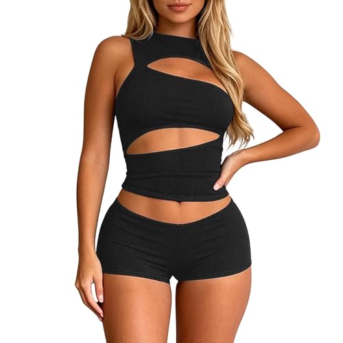 CHLPEYUVCH Women's Solid Color Waist Cinching Short Set Sleek Streetwear Modern Summer Sexy Mini Ensemble for Women (Black, XS)