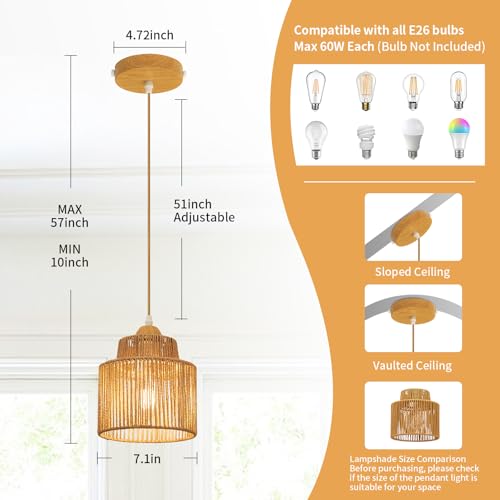 OTeedo 2 Pack Boho Rattan Pendant Lights for Kitchen Island 7.1" Round Lamp by OTeedo - Used condition - Image 4