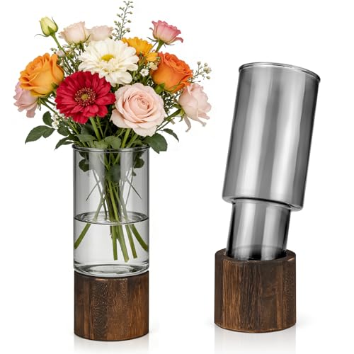 Glass Vase for Flowers - 25cm Tall Cylindrical Vase with Wooden Base Clear Large Flower Vases Boho Rustic Style Vases Modern Minimalist Ornaments for Pampas Grass Dried Flowers Wedding Home Decor
