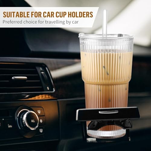 Image of Glass Mug with Bamboo Lid and Straw, 510ml, for Cold Drinks, Smoothies, Coffee(Pack of 1) (Ribbed Glass Mug with Lid)