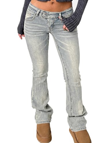 Image of Women's Stretch Low Rise Double Button Elastic Skinny Vintage Flare Jeans