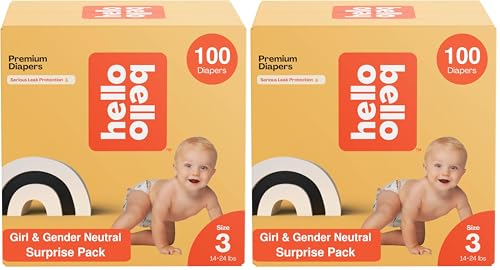 Image of Hello Bello Premium Diapers, Size 3 (14-24 lbs) Surprise Pack for Girls - 100 Count, Hypoallergenic with Soft, Cloth-Like Feel - Assorted Girl & Gender Neutral Patterns (Pack of 2)