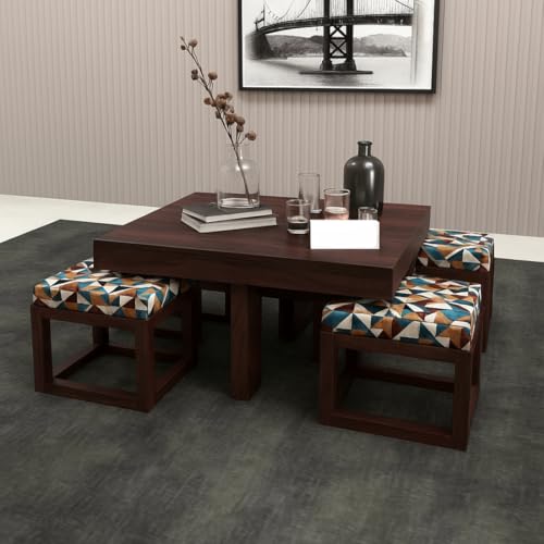 Image of Premium Sheesham Wood Coffee Table for Living Room | Wooden Coffee Table with 4 Stool | Walnut Finish with Multicolor Printed Cushions | Pre Assembled (Ready to Use)