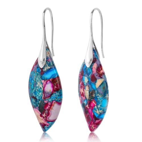 Fishhoop Dangle Drop Earrings, Trendy Natural Stone Earrings Teardrop Gemstone Statement Jewelry for Women (Blue and Silver)