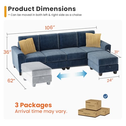KKL 106” Convertible Sectional Sofa, Couch with Movable Chaise, Storage Ottoman, L Shaped Couch for Living Room, 4 Seat Convertible Couch for Apartment, Couches for Living Room, Corduroy, Blue - Thumbnail 2