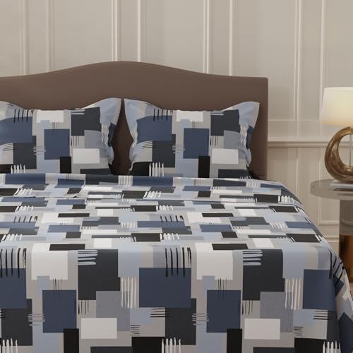 Image of Layers 100% Cotton Bedsheet for Double Size Bed | Lumina Floret Collection | 144 TC Soft & Breathable | Printed with 2 Pillow Covers | Wrinkle Free & Colorfast | 3 Piece Bedding Set - Navy Blue