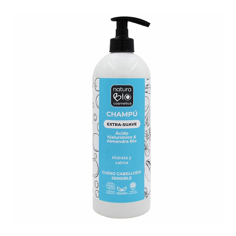NaturaBIO Cosmetics - Champú Orgánico con Ácido Hialurónico & Almendras BIO, Cabello Suave, Sin Sulfatos, Sin Parabenos, 740 ml